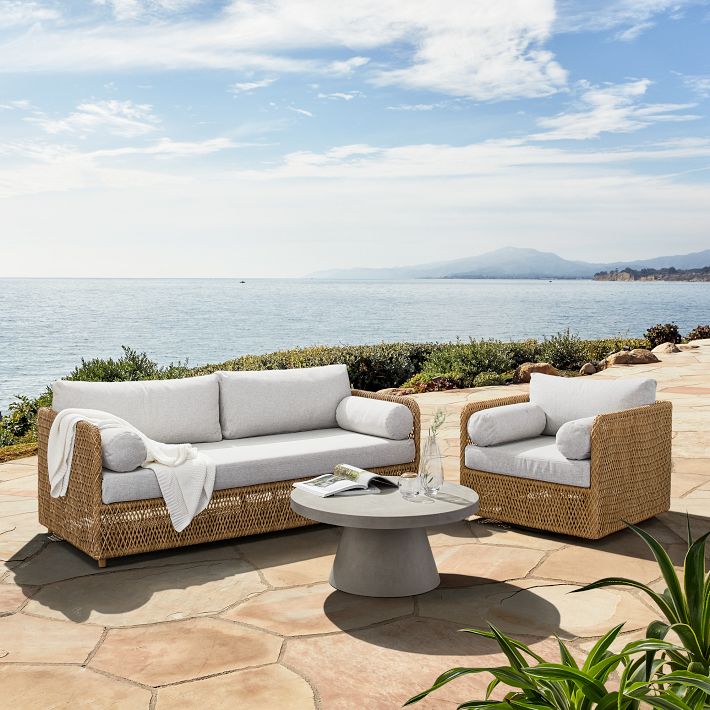 Coastal Outdoor Sofa (76&quot;), Swivel Chair &amp; Concrete Pedestal Round Coffee Table Set