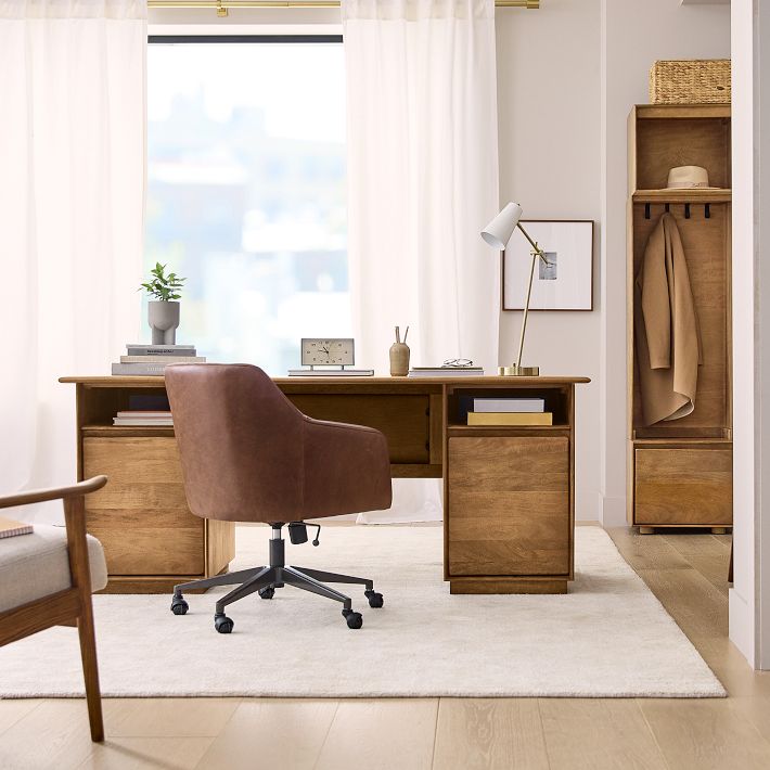 63 Modern White Executive Desk with Drawers & Side Cabinet in Gold Base