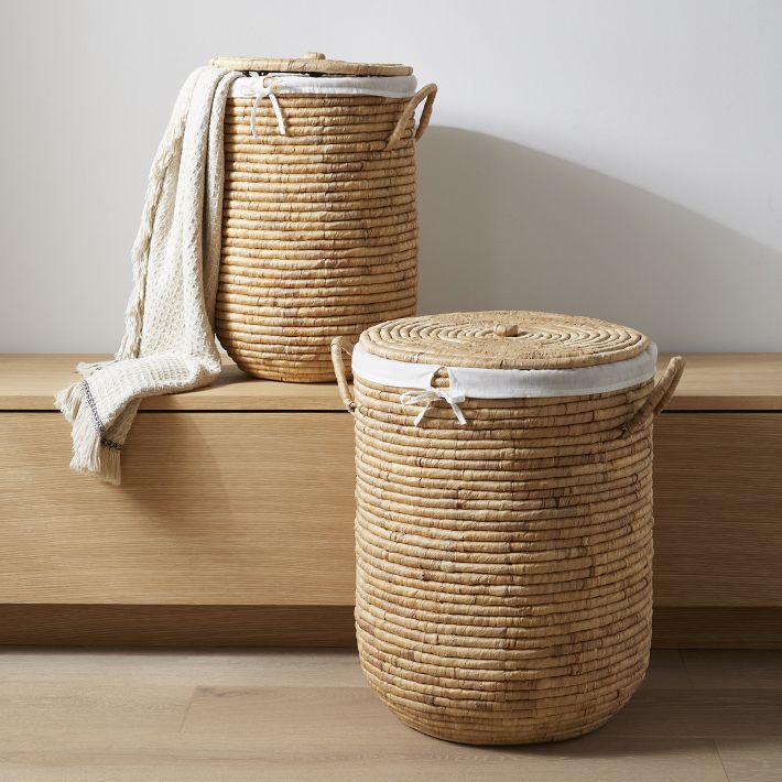 Woven Seagrass Lidded Hampers - Natural/Black