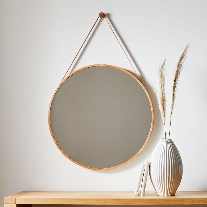 Modern Hanging Round Wall Mirror w/ Leather Strap