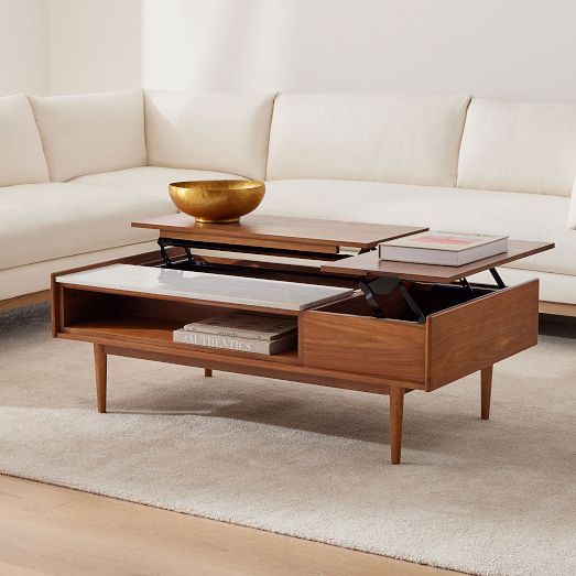 Mid-Century Double Pop-Up Coffee Table - Walnut/White Marble | Modern ...