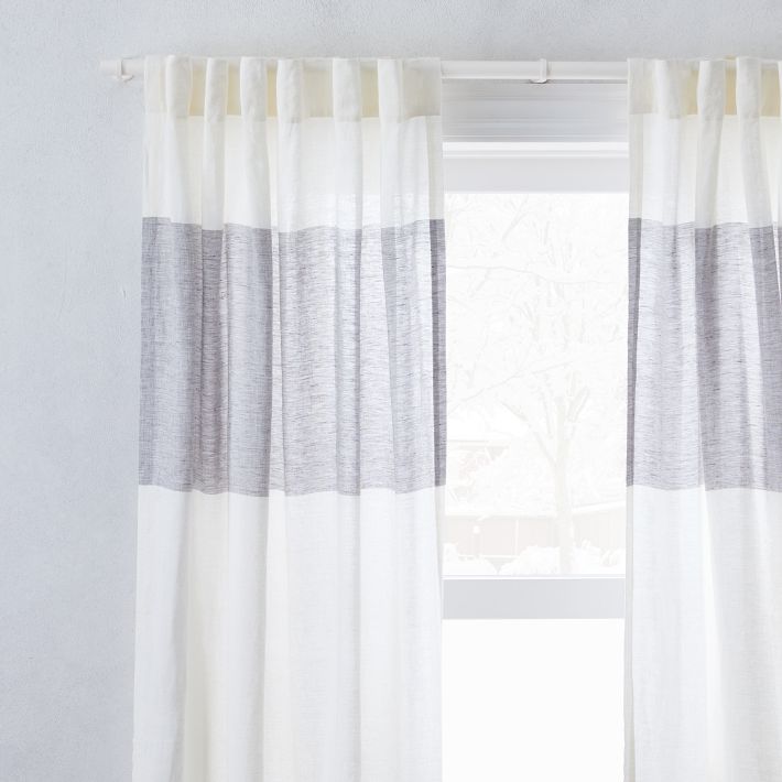European Flax Linen Contrast Stripe Curtain - Stone White/Slate