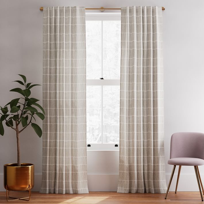 Cotton Canvas Line Lattice Curtain (Set of 2) - Stone Gray
