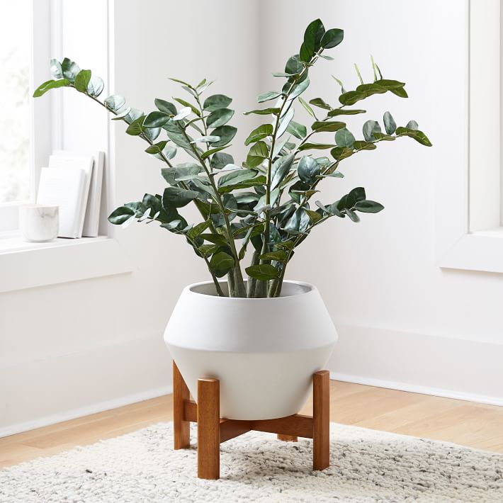 Faux ZZ Plant &amp; Ilya Turned Wood Planter Bundle