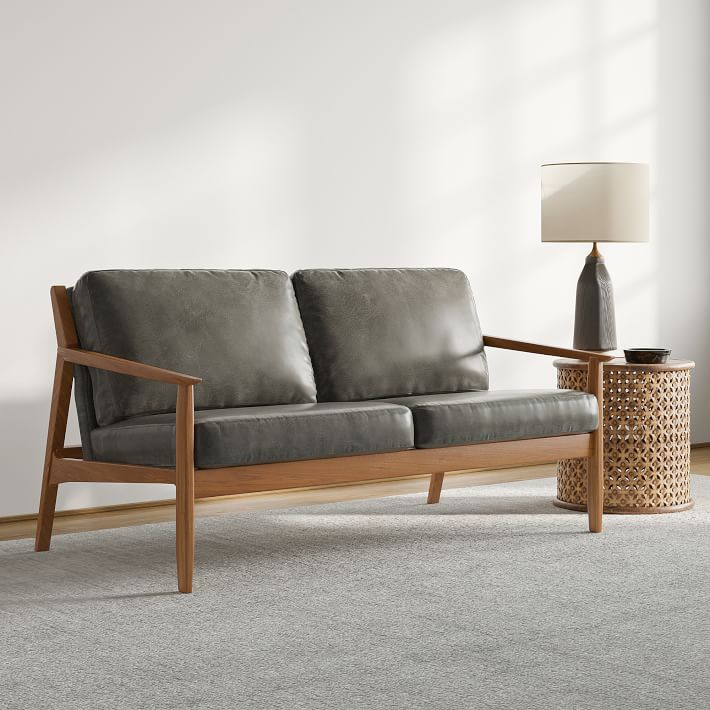 Mid-Century Leather Show Wood Sofa (66&quot;)