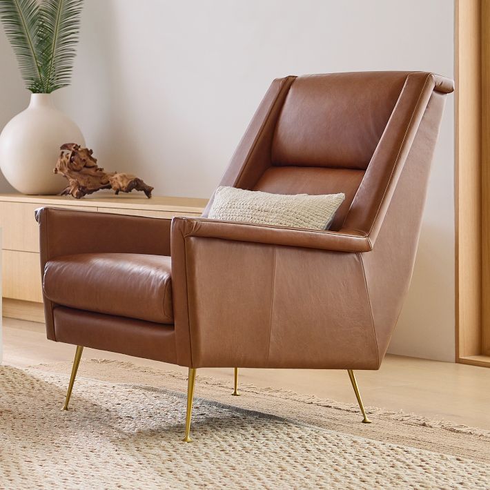 Carlo High-Back Leather Mid-Century Chair - Metal Legs