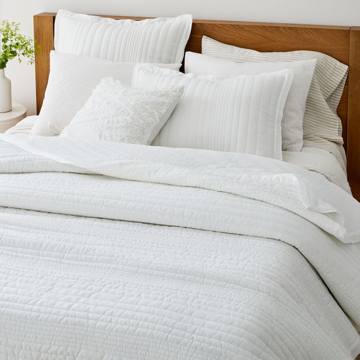 West Elm | European Flax Linen Linework King Quilt & 2 King Shams, White