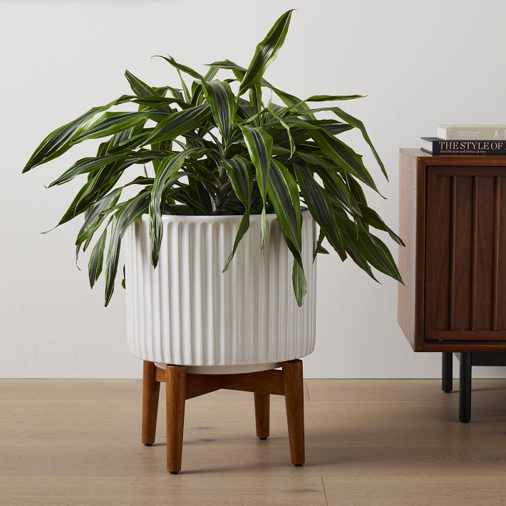 Mid-Century Turned Wood Planter - Carved White