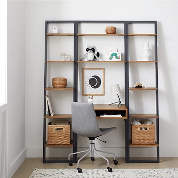 Leaning desk outlet and bookshelf