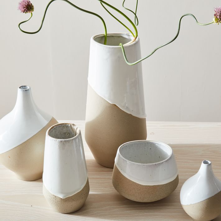 Half-Dipped White Stoneware Vases - Set of 5