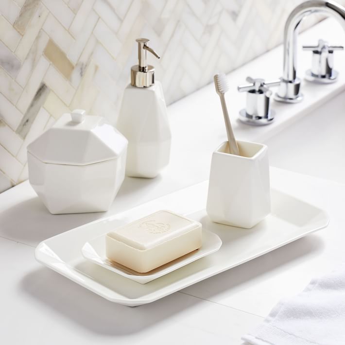 Faceted Porcelain Bath Accessories - White