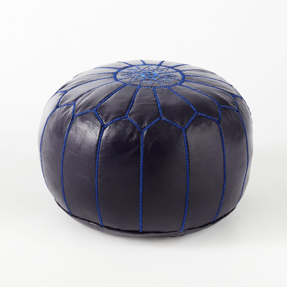 Leather Moroccan Pouf, Navy Blue, 20