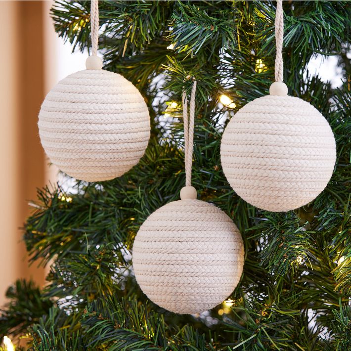 Rope Ball Ornaments - White/Natural (Set of 3)