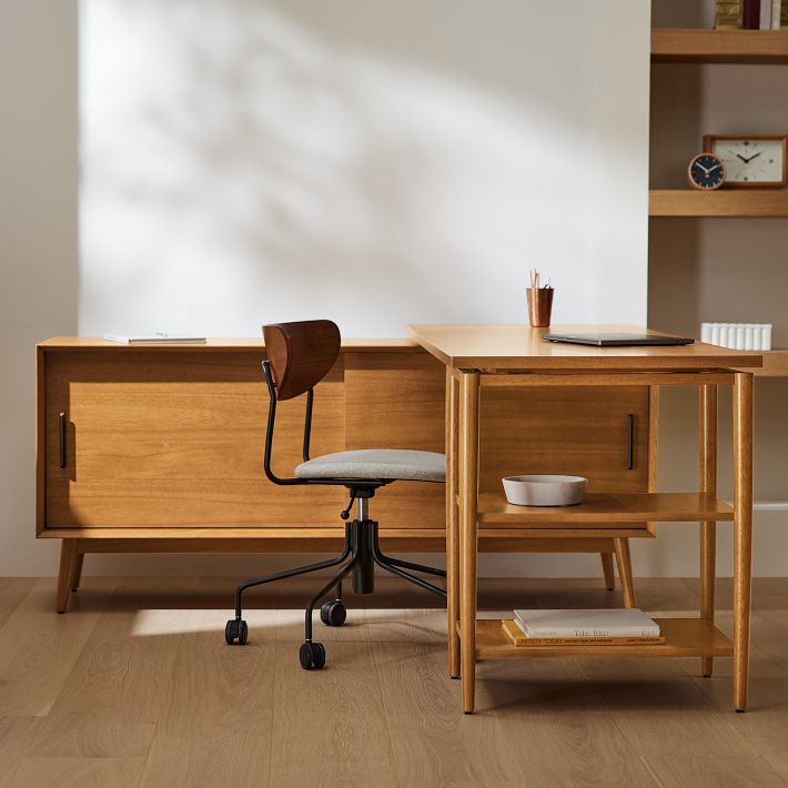 Mid-Century Modular L-Shaped Desk w/ Shelves &amp; Bookcase (70&quot;)