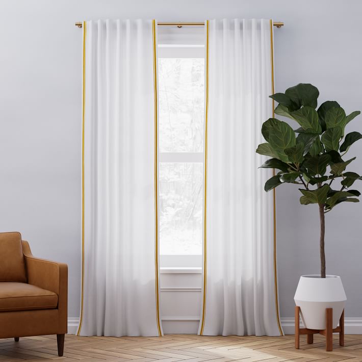 Open Box: Belgian Flax Linen Embroidered Stripe Curtain - White/Dark Horseradish