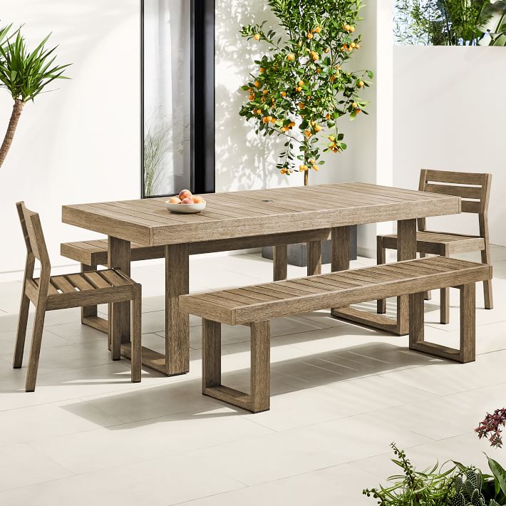 Portside Wood Outdoor Dining Table (76.5&quot;), Benches &amp; Dining Chairs Set