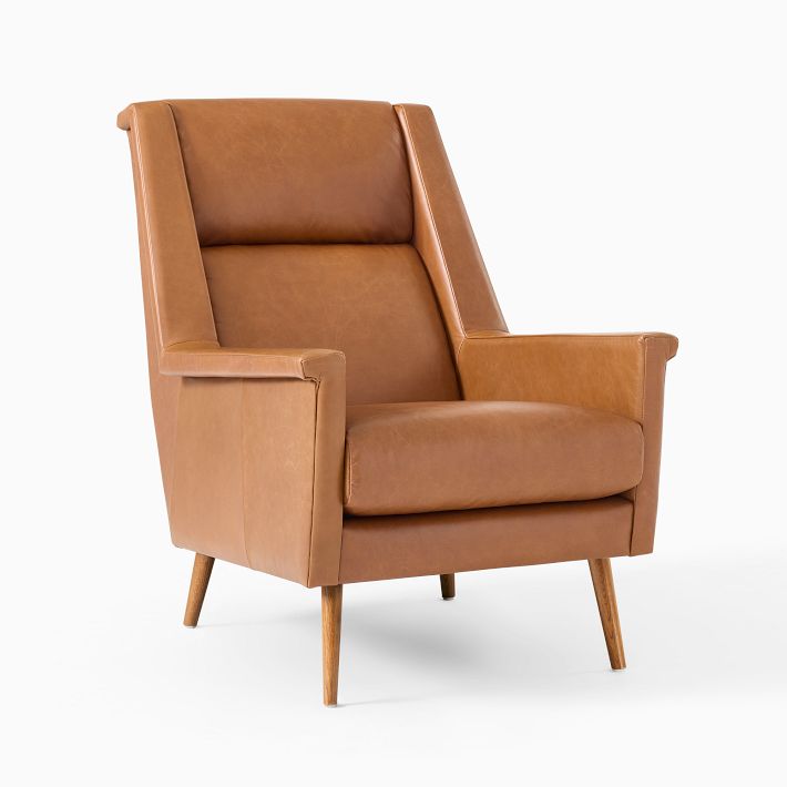 Carlo High-Back Leather Mid-Century Chair - Wood Legs