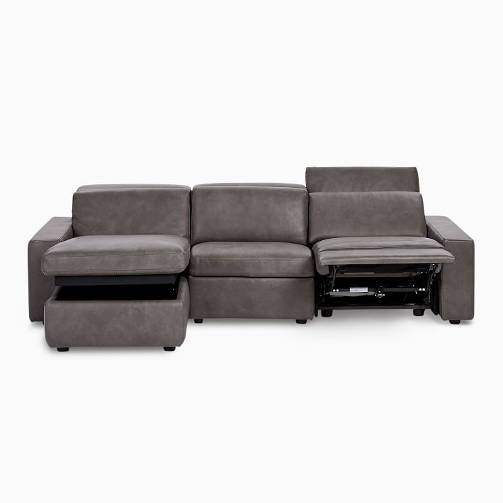 Enzo Leather 3 Piece Reclining Chaise Sectional w Storage 108 West Elm