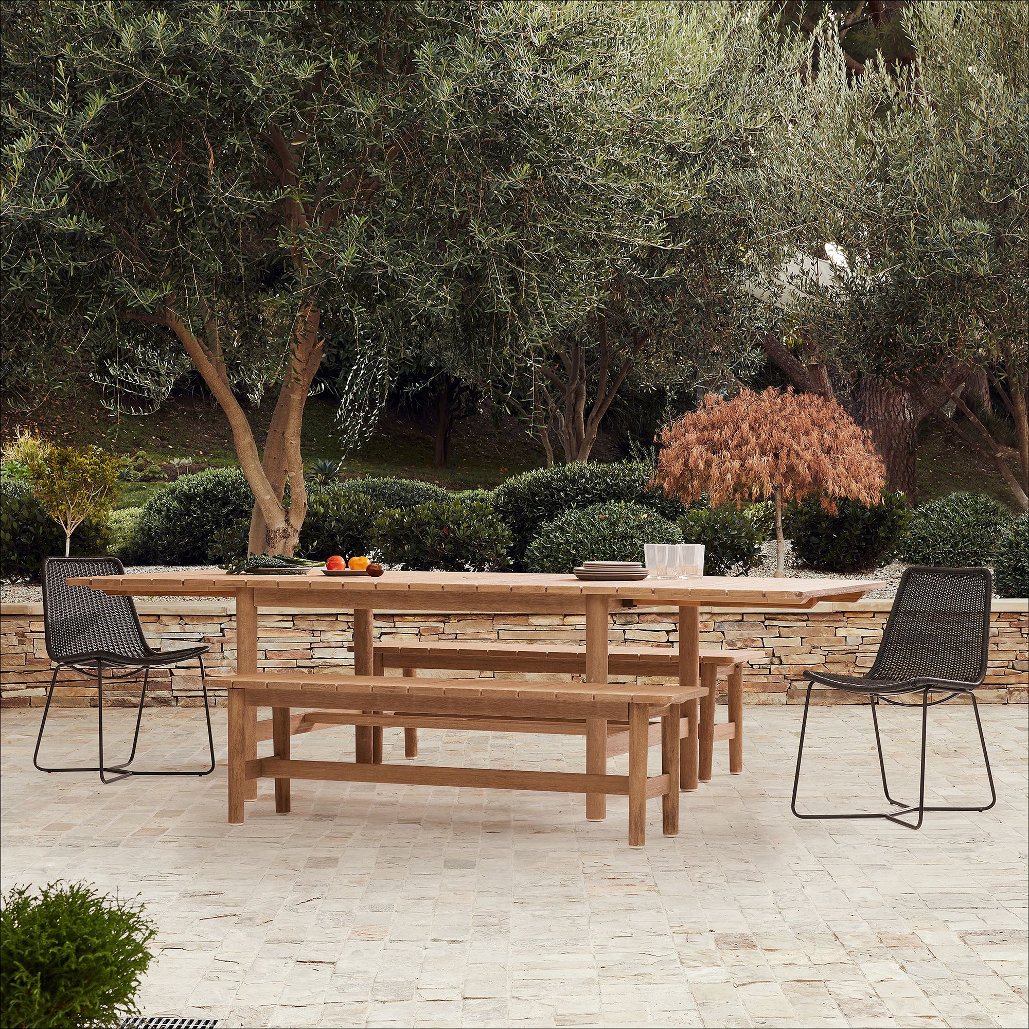 Hargrove Outdoor Expandable Dining Table (79"–109"), Benches & Slope Chairs Set | West Elm