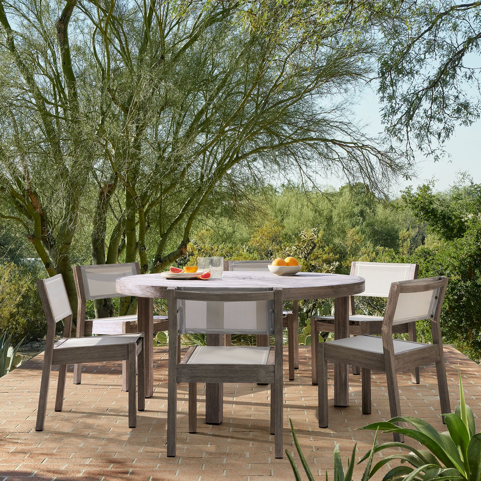 Portside Wood Outdoor Round Dining Table (48"–60") & Stacking Chairs Set | West Elm