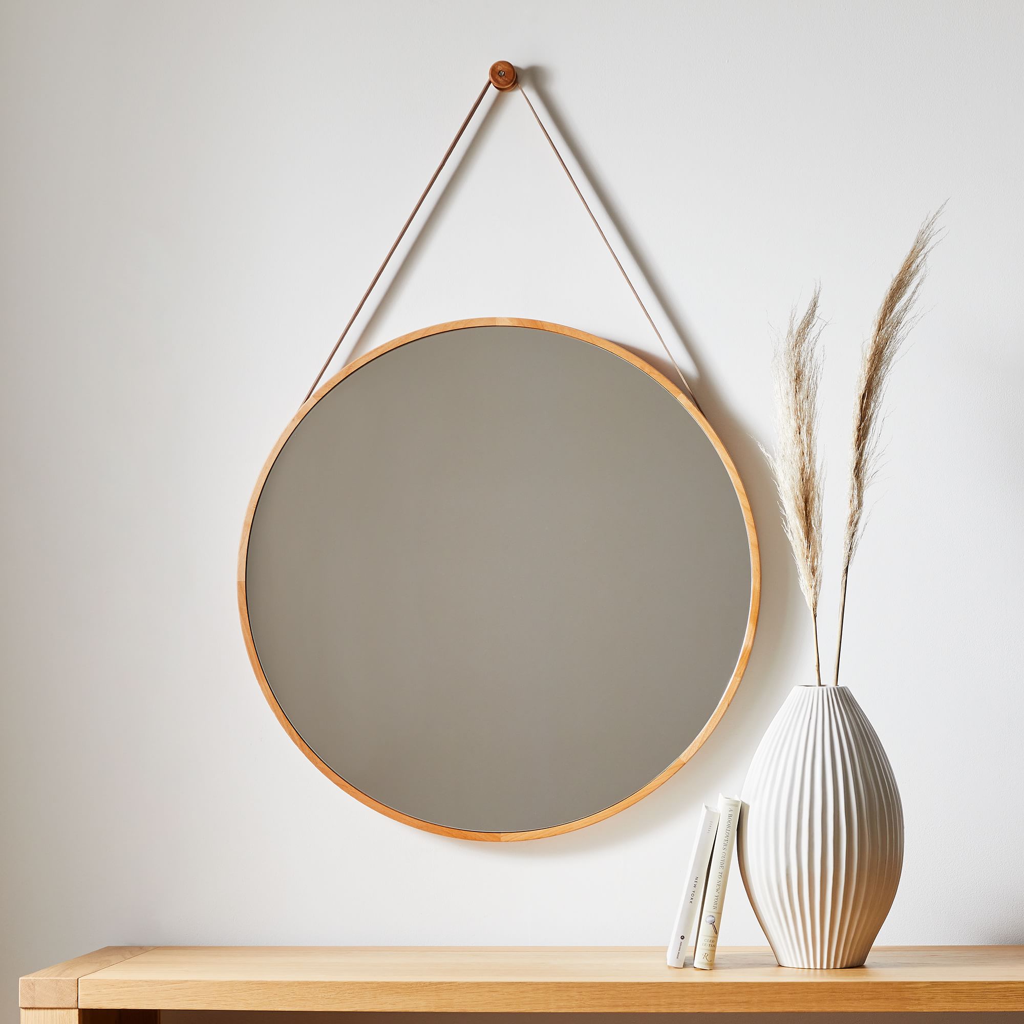 Alt image 1 for Modern Hanging Round Wall Mirror w/ Leather Strap