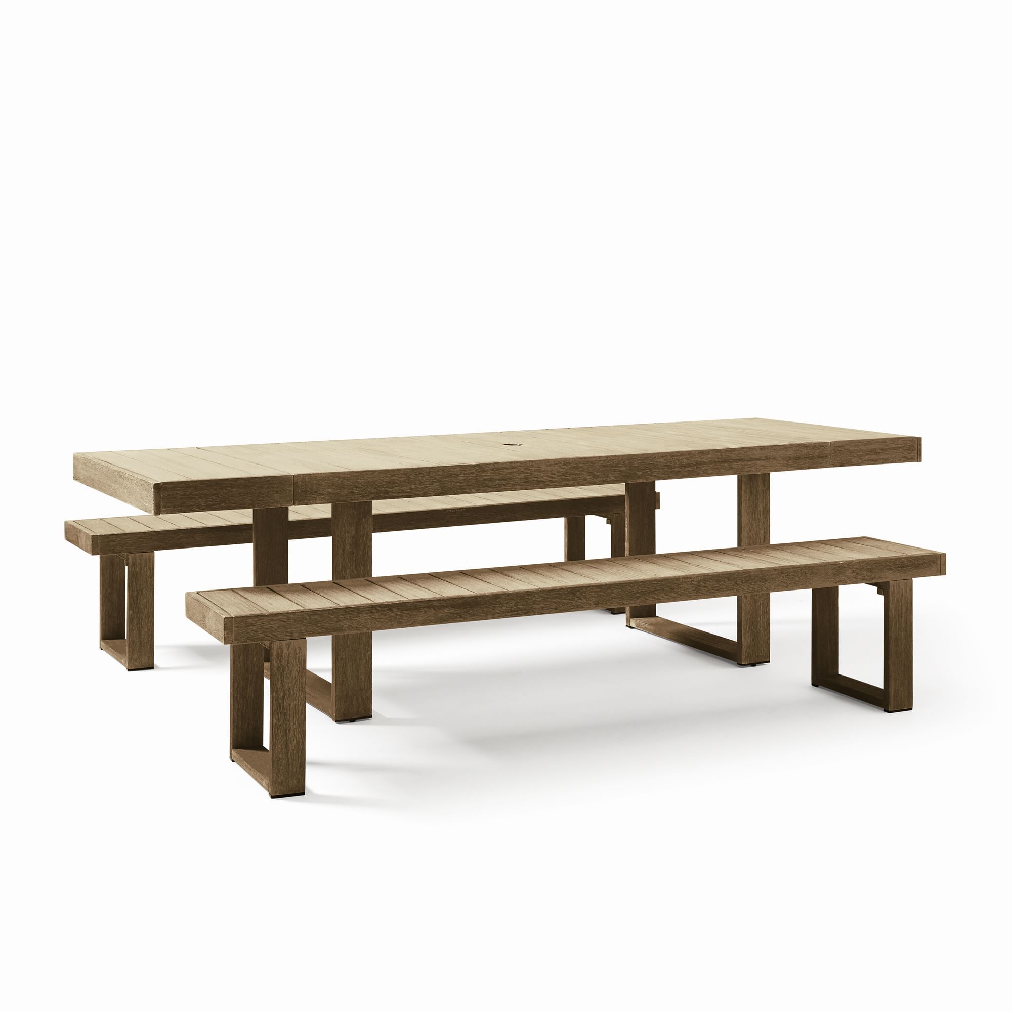 Portside Wood Outdoor Expandable Dining Table (76.5"–106") & Benches Set | West Elm