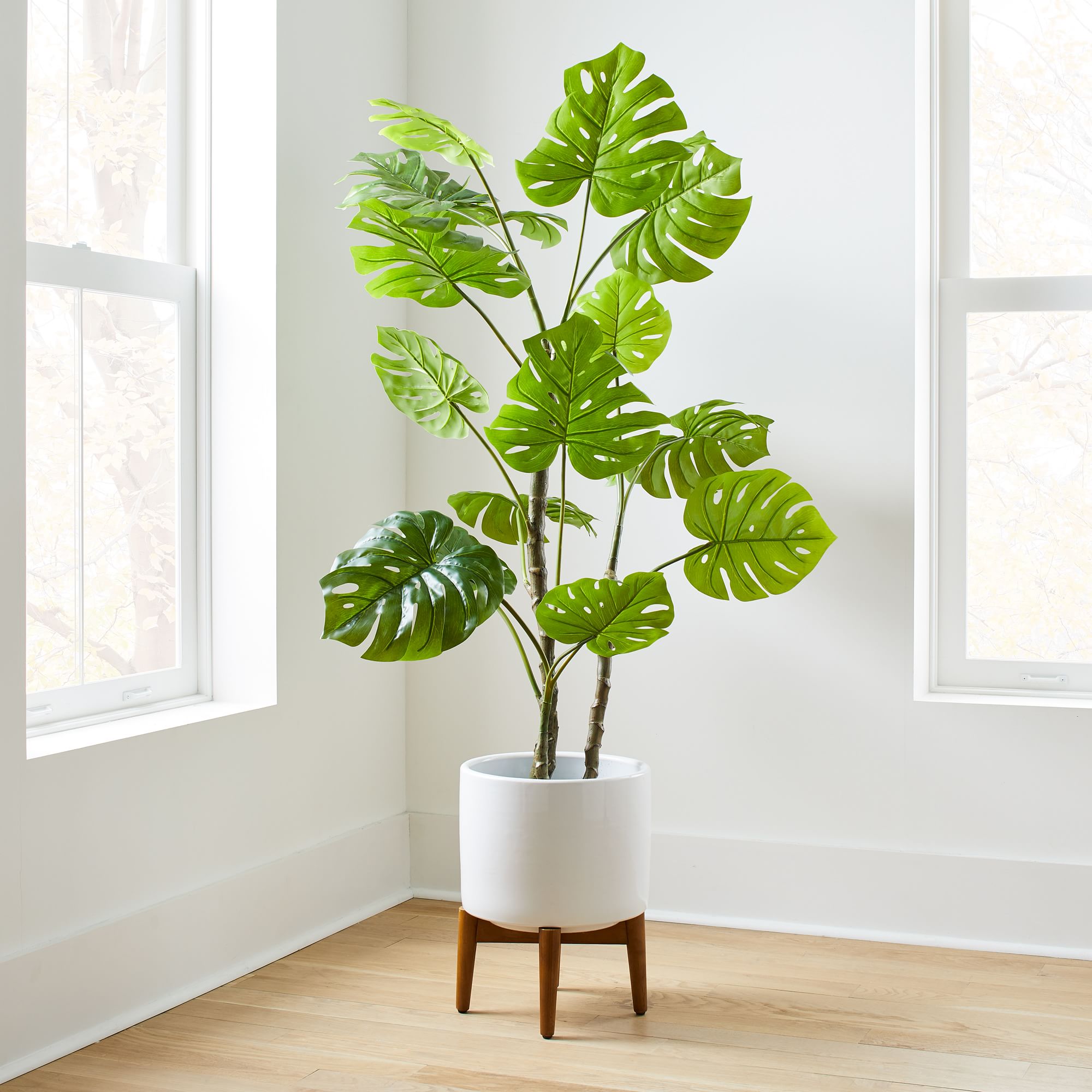 Faux Monstera Plant & Mid-Century Turned Wood Leg Planter Bundle | West Elm