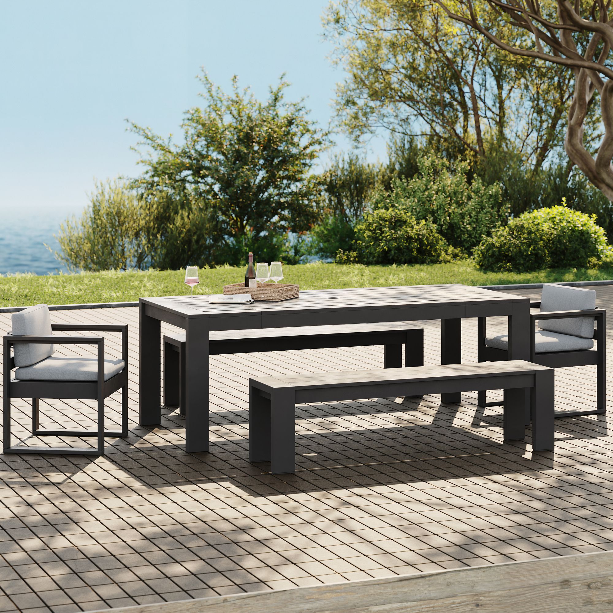 Telluride Aluminum Outdoor Expandable Dining Table (65"–80"), Benches & Chairs Set | West Elm