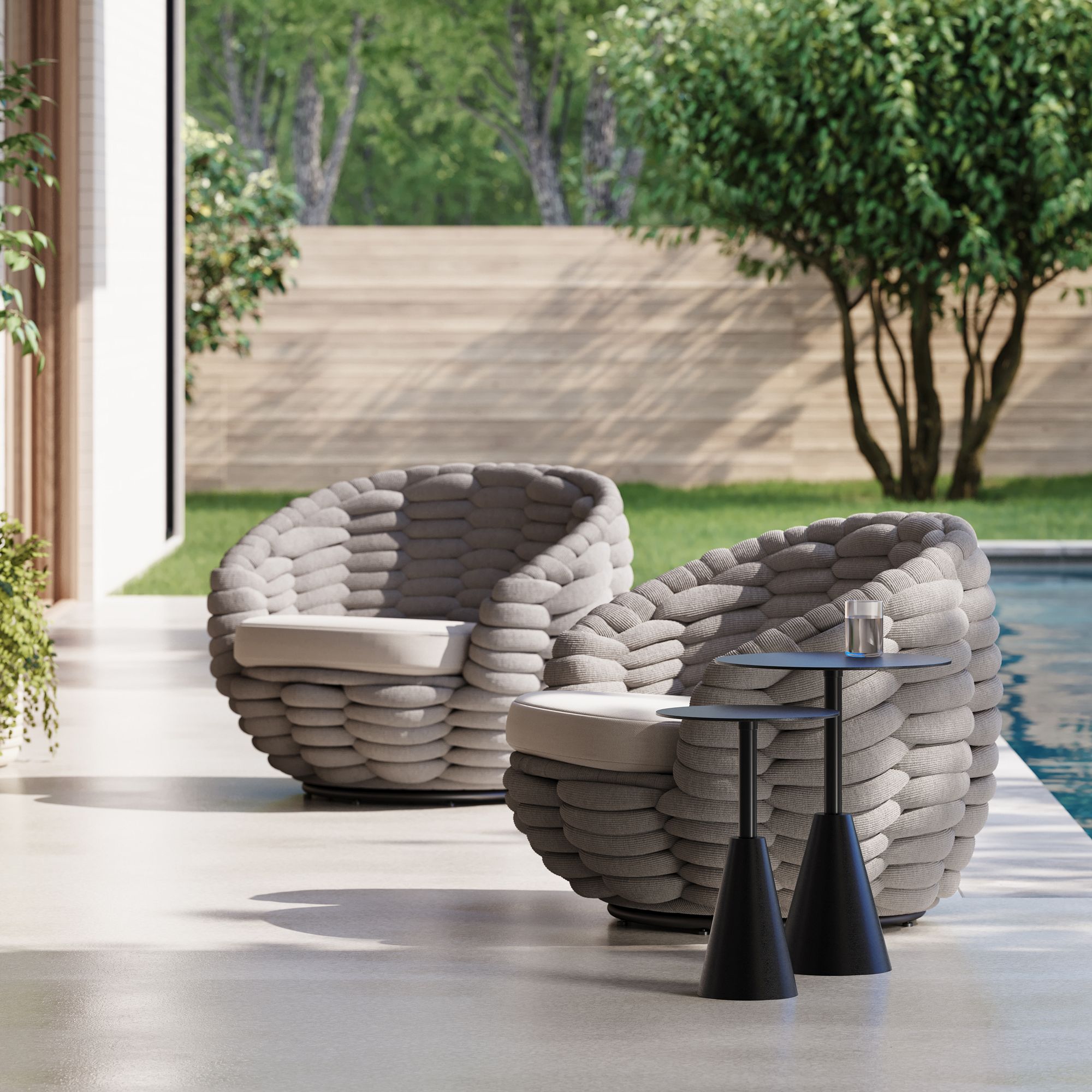 Cozy Outdoor Swivel Chairs & Tyra Nesting Side Tables Set | West Elm