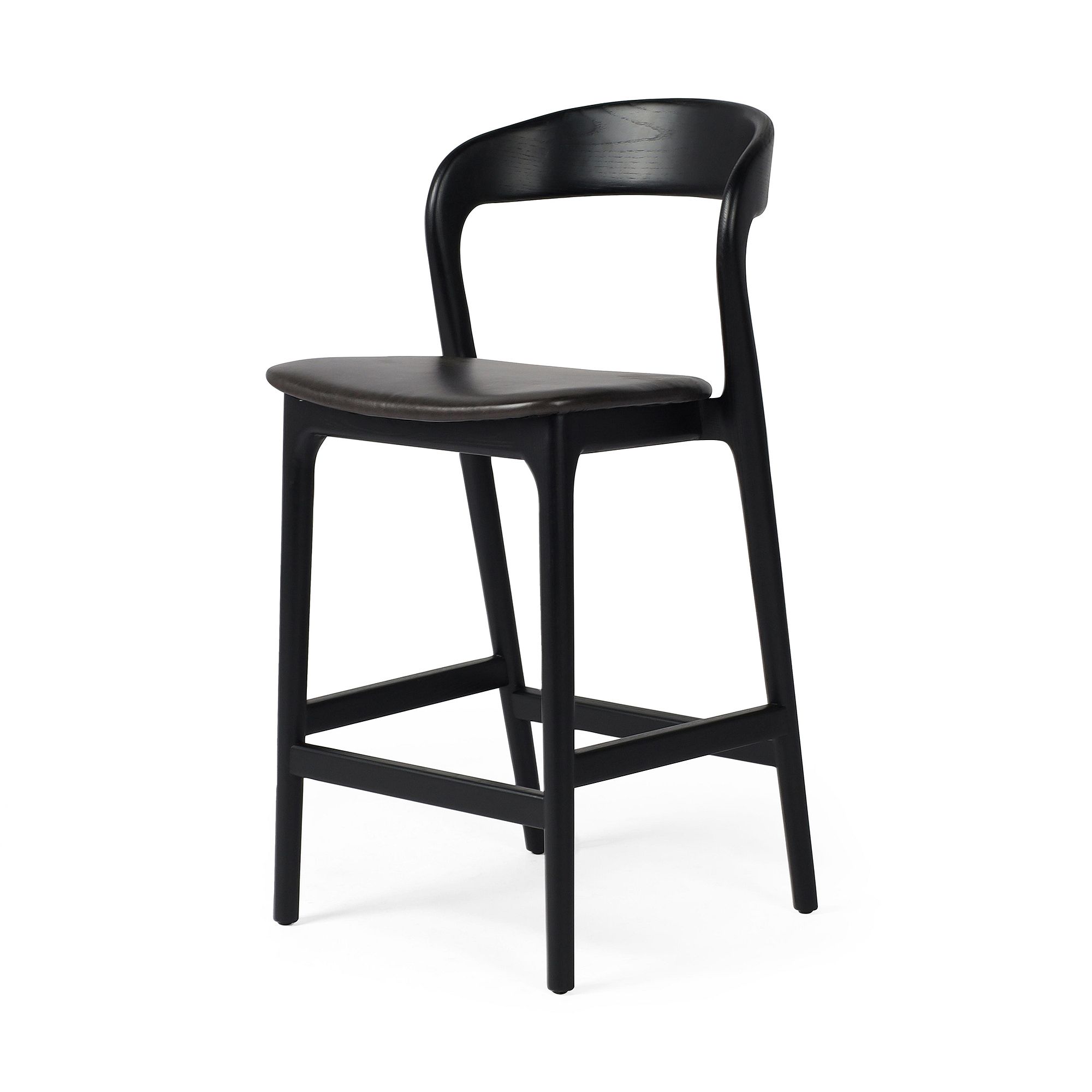 Scooped Ash Wood Leather Stool | West Elm