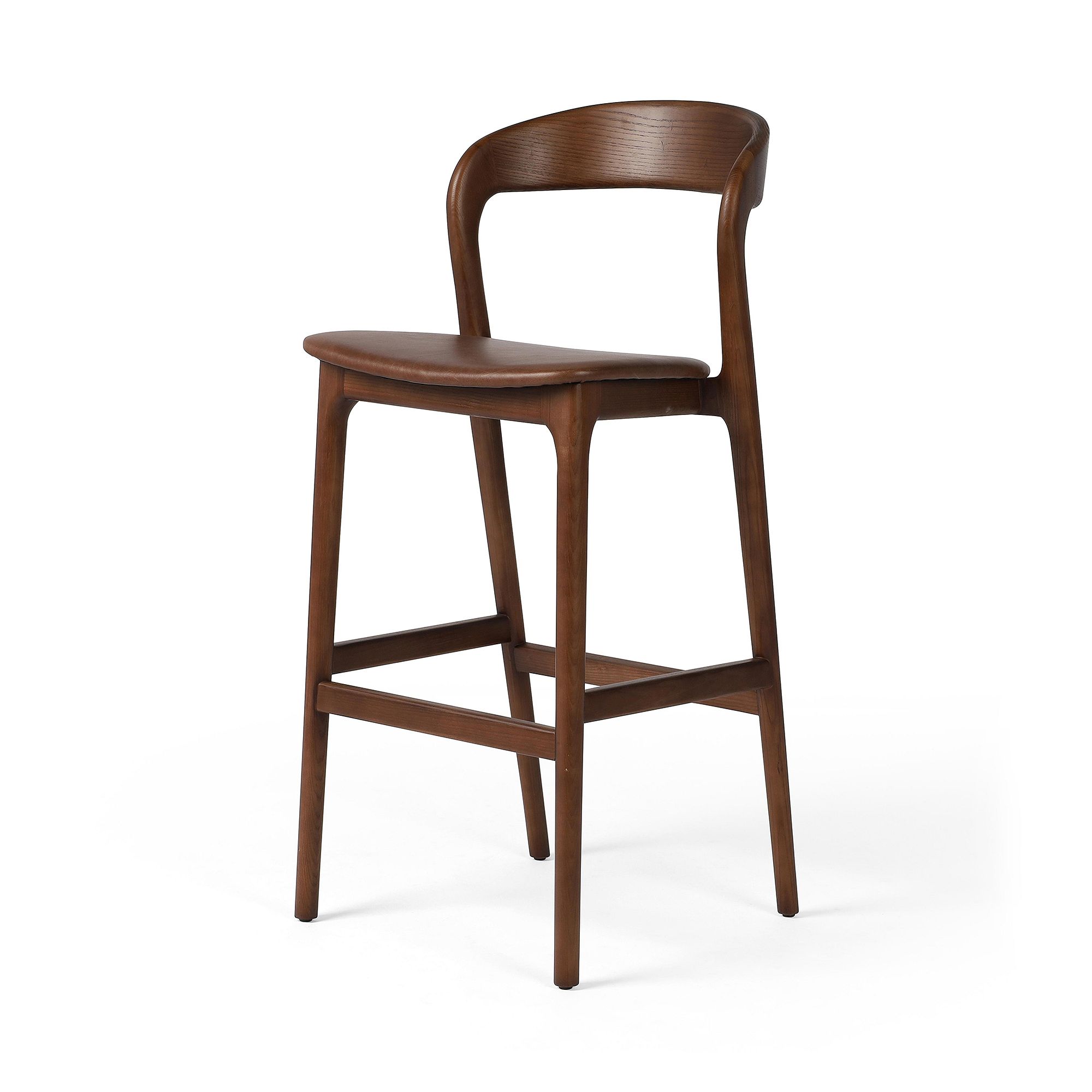 Scooped Ash Wood Leather Stool | West Elm