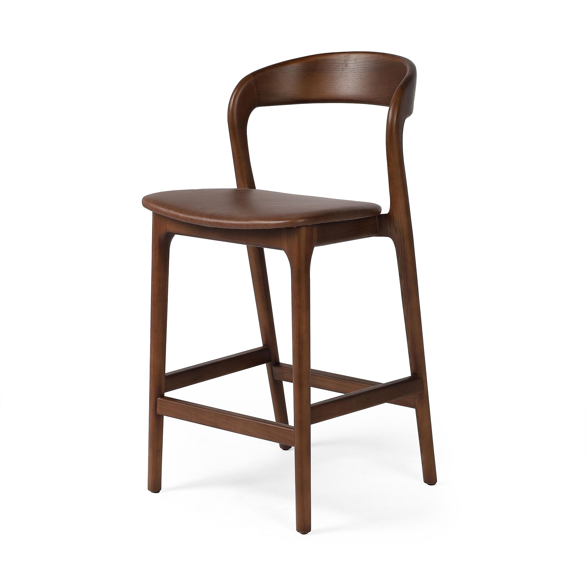 Scooped Ash Wood Leather Stool | West Elm