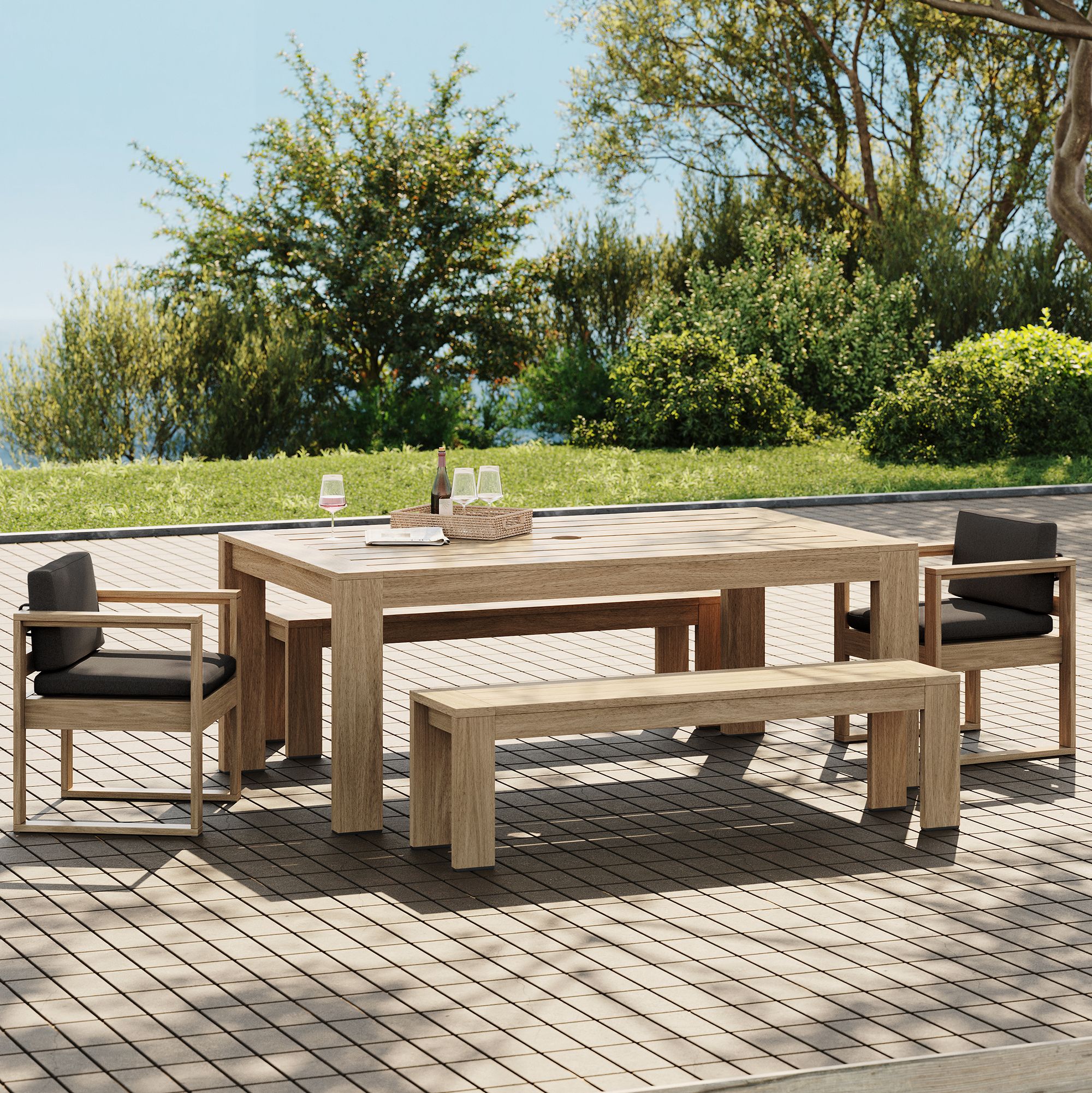 Telluride Outdoor Expandable Dining Table (76"–106"), Benches & Chairs Set | West Elm