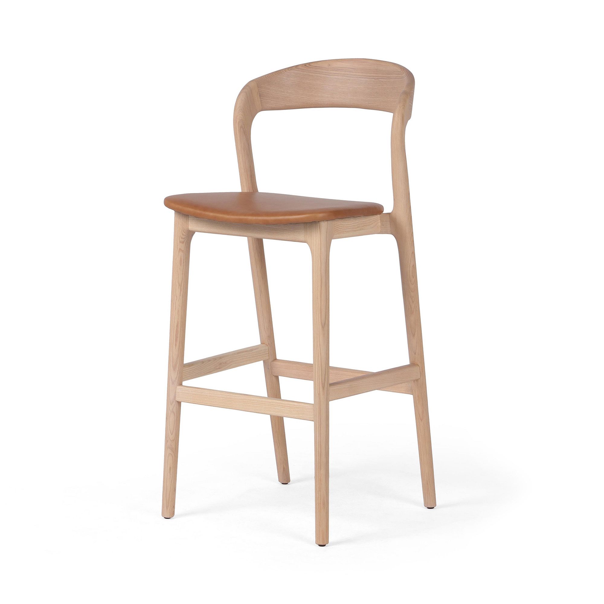 Scooped Ash Wood Leather Stool | West Elm