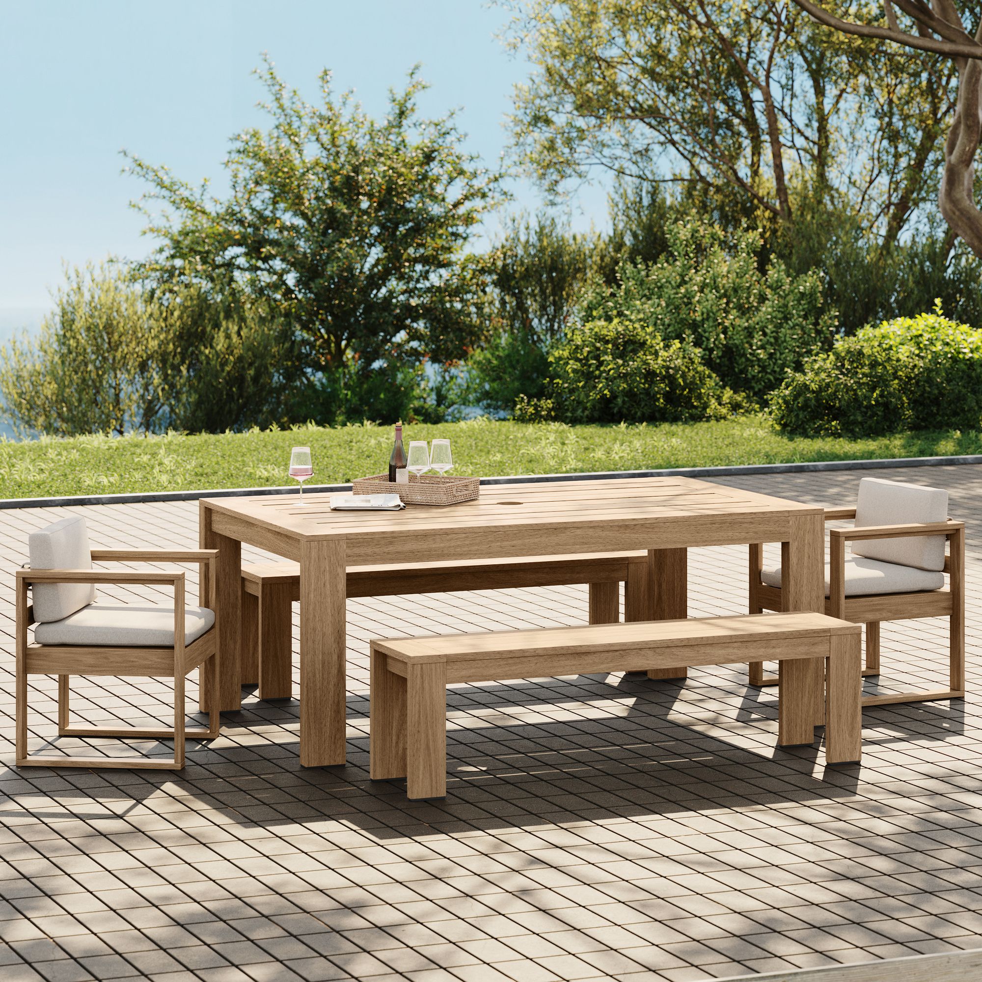 Telluride Outdoor Expandable Dining Table (76"–106"), Benches & Chairs Set | West Elm