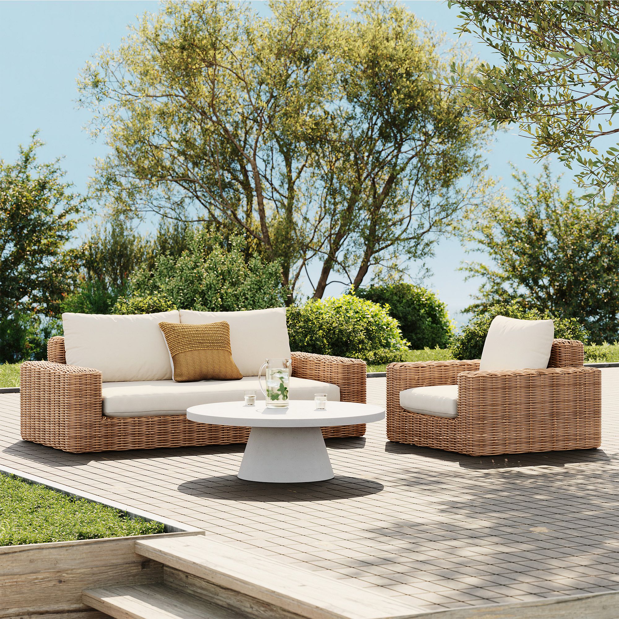 Westport Outdoor Sofa (84"), Lounge Chair & Concrete Pedestal Round Coffee Table (44") Set | West Elm