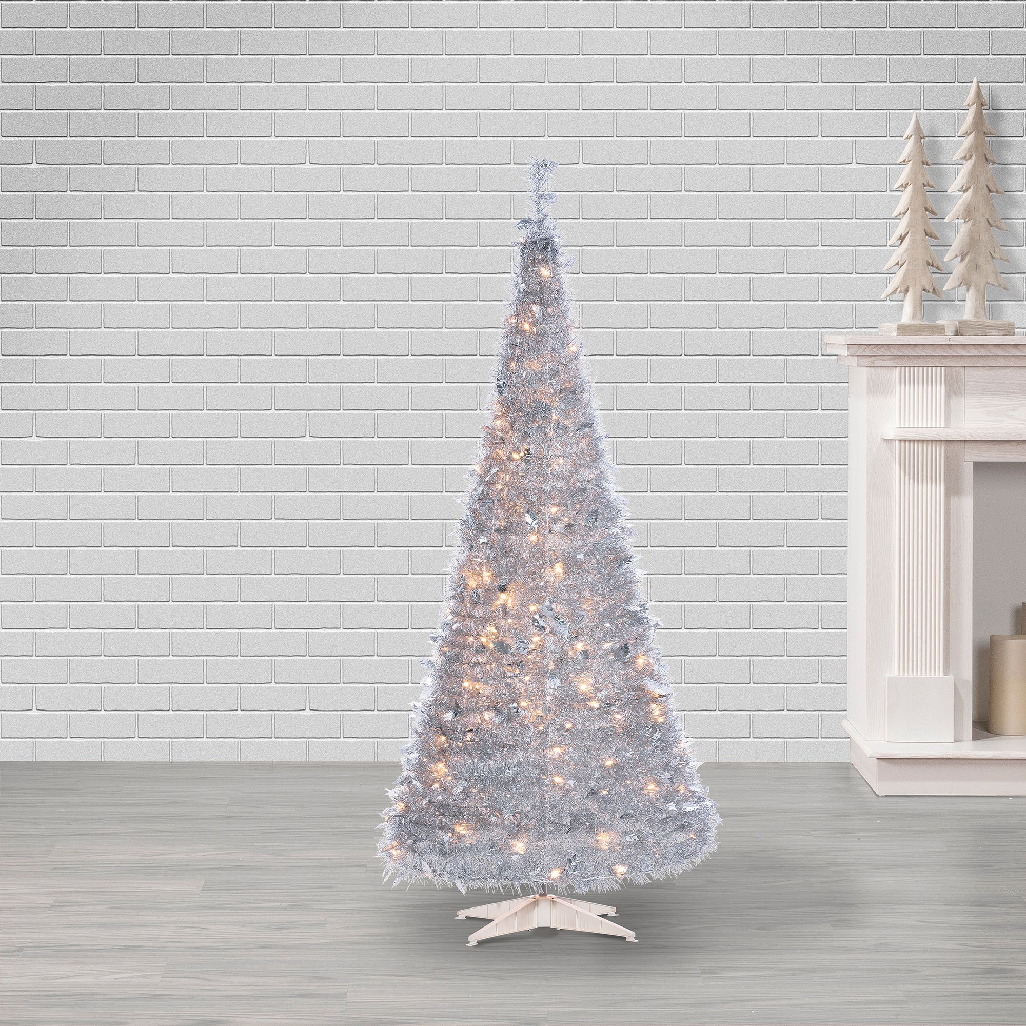 Pre-Lit Faux Pop-Up Silver Christmas Tree w/ Warm White Lights, 4ft