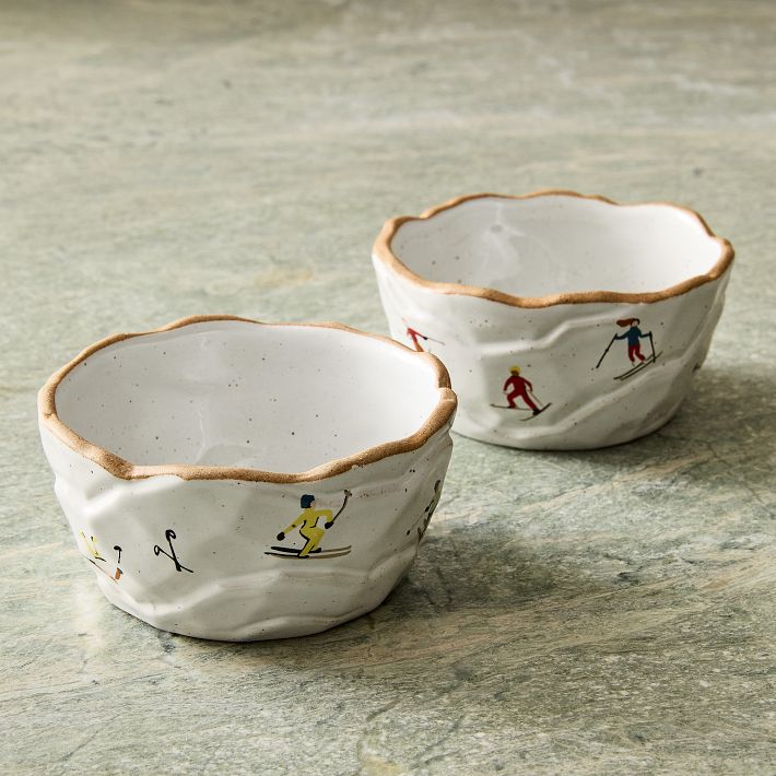 Holiday Skiers Stoneware Nut Bowls (Set of 2)