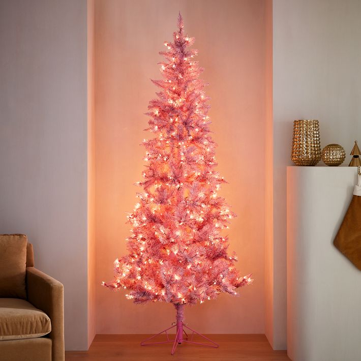 Pre-Lit Faux Pink Tinsel Christmas Tree