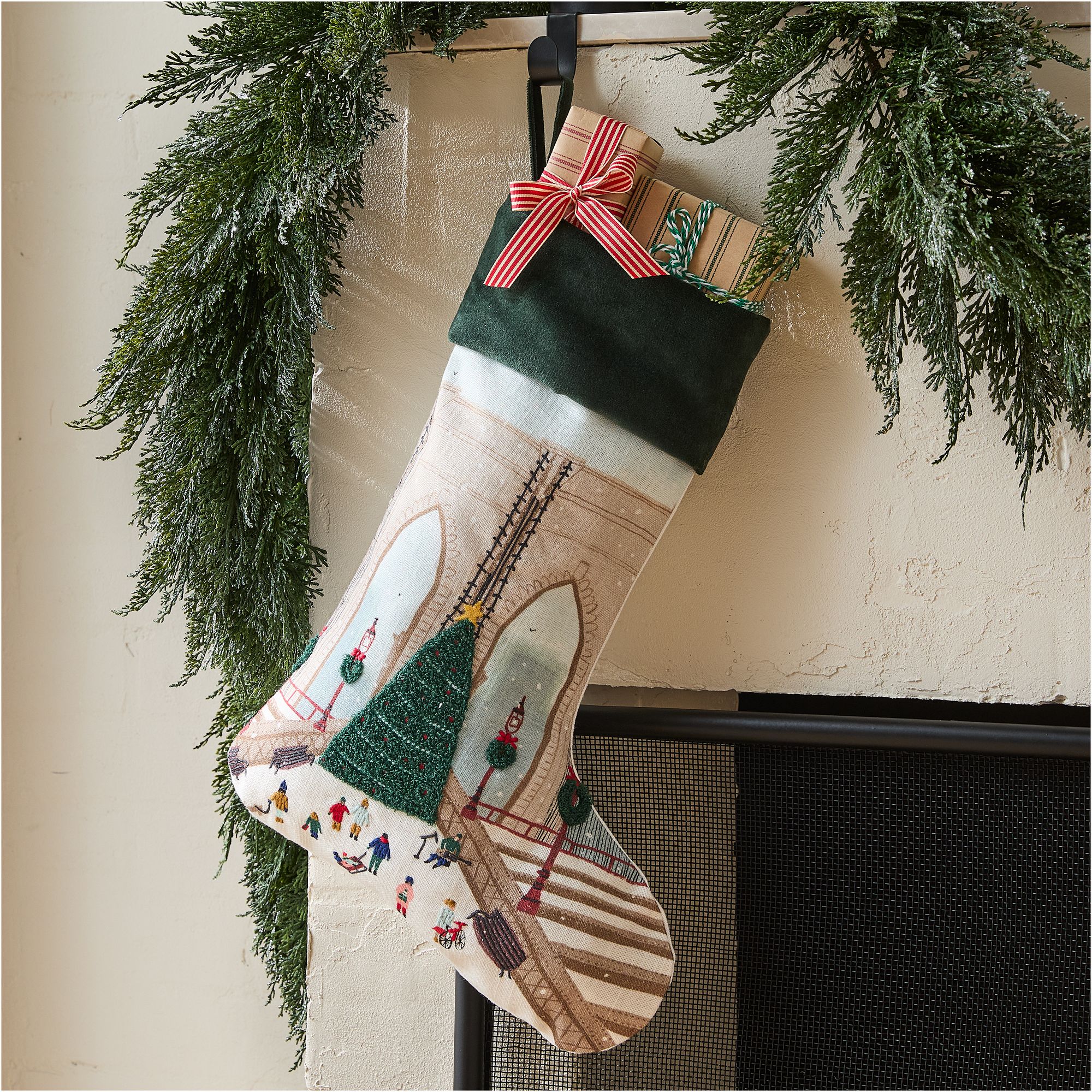 Nicole Cicak Embroidered Cotton Brooklyn Bridge Stocking | West Elm