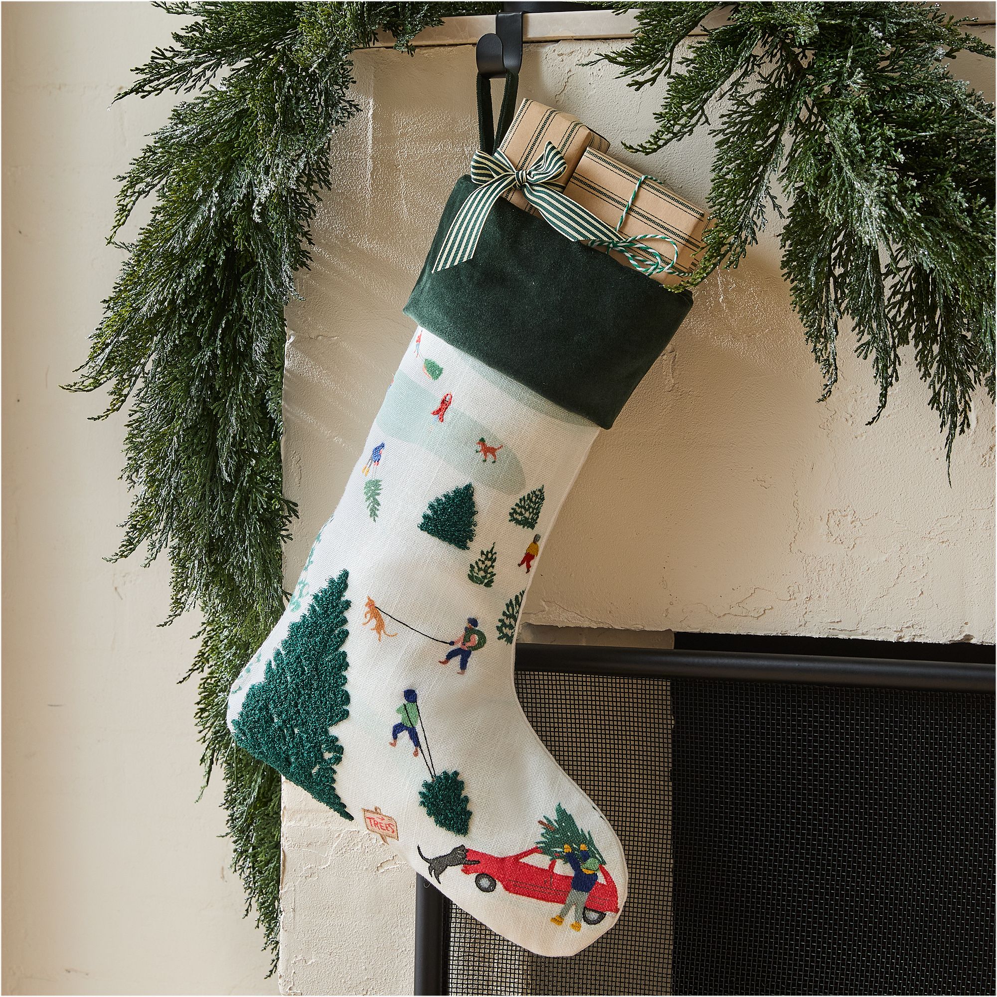 Embroidered Cotton Tree Farm Stocking | West Elm