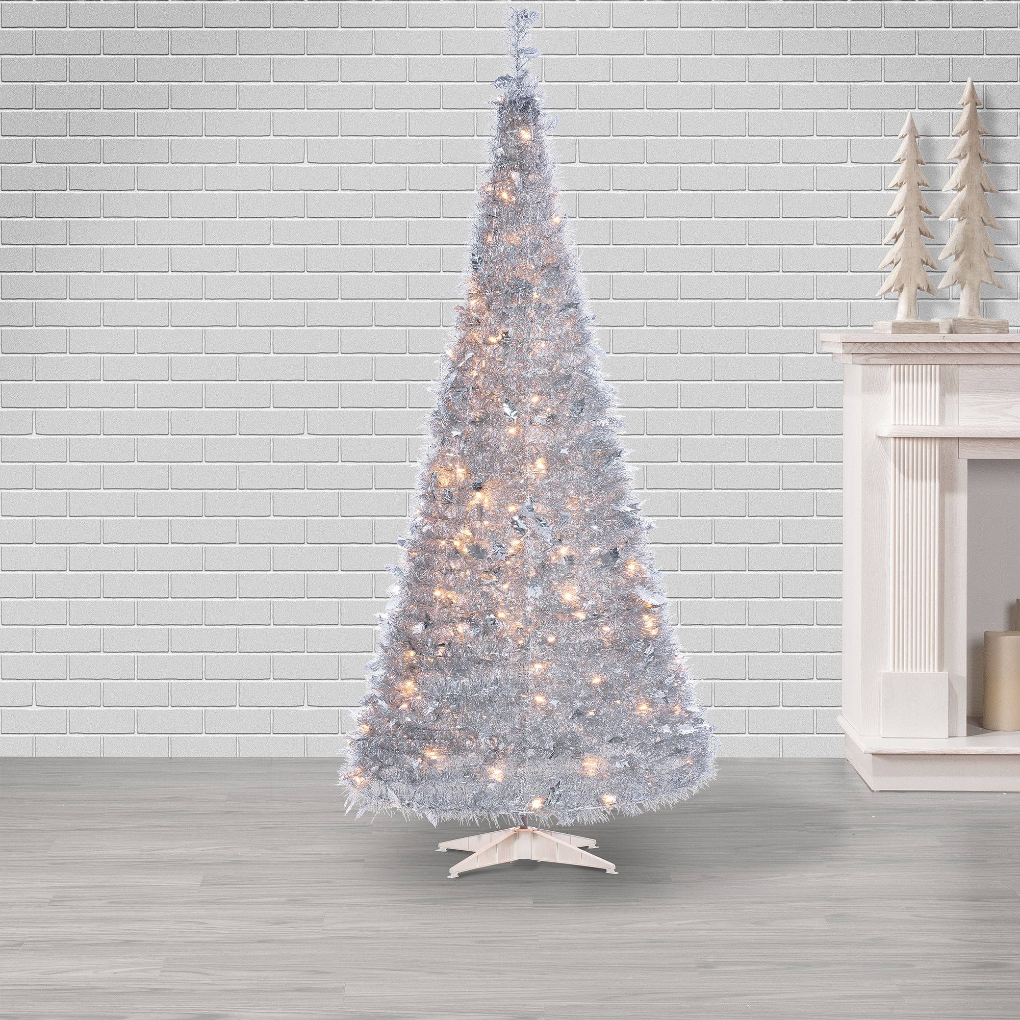 Pre-Lit Faux Pop-Up Silver Christmas Tree w/ Warm White Lights, 4ft