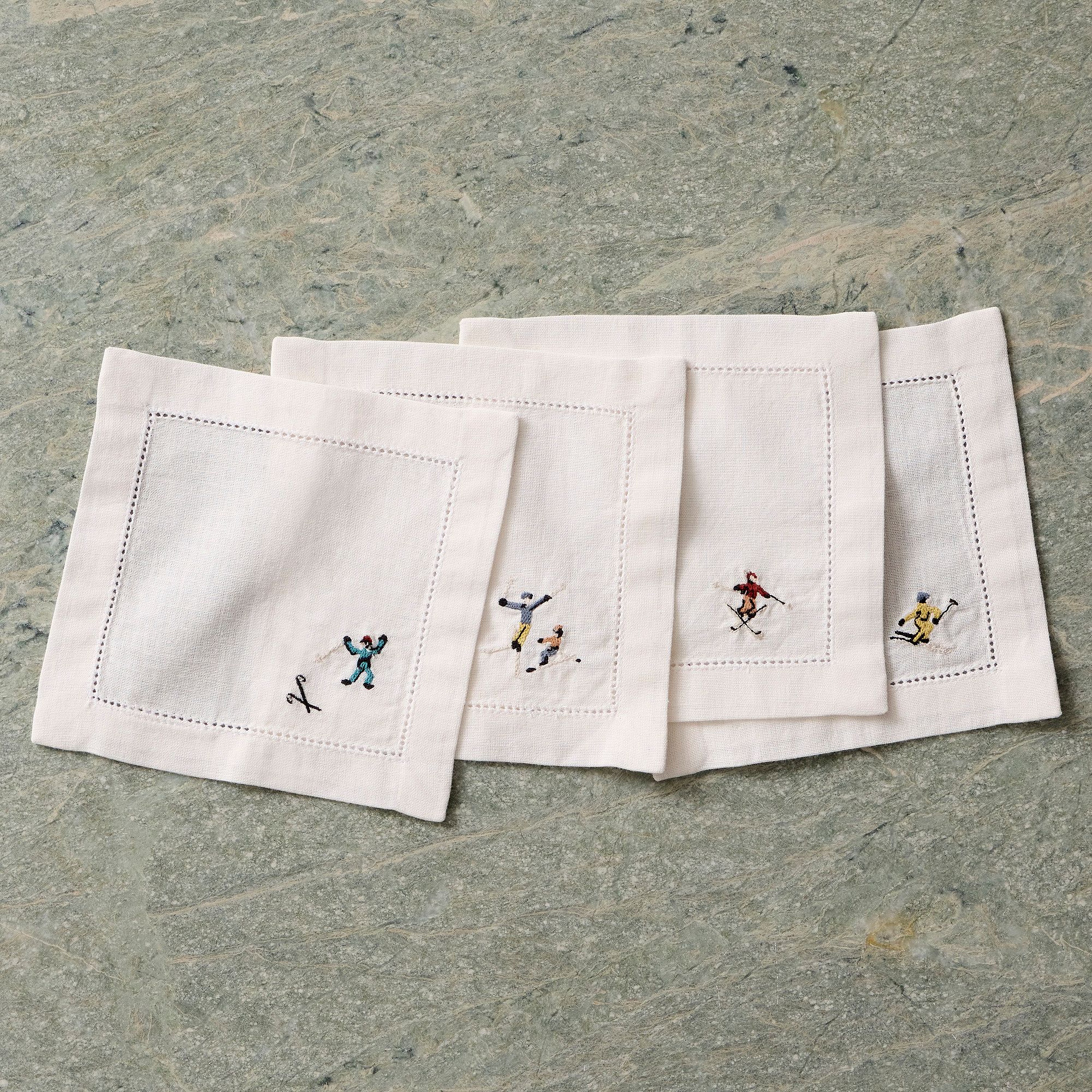 Holiday Skiers Embroidered Cocktail Napkin Sets | West Elm