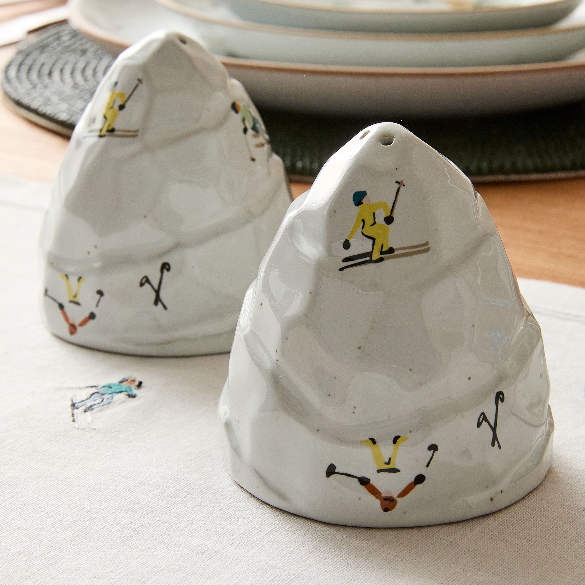 Holiday Skiers Stoneware Salt & Pepper Shakers (Set of 2) | West Elm