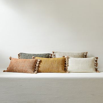 Two Tone Chunky Linen w Tassels Pillow Cover 12x21White w Feather Down Pillow Insert West Elm