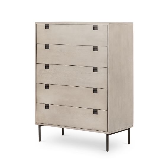 Modern Gray Acacia Veneer 5-Drawer Dresser with Iron Legs