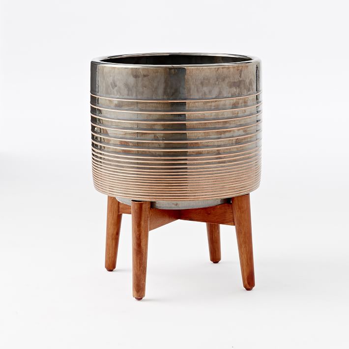 Mid-Century Turned Wood Leg Planters - Gold Stripe