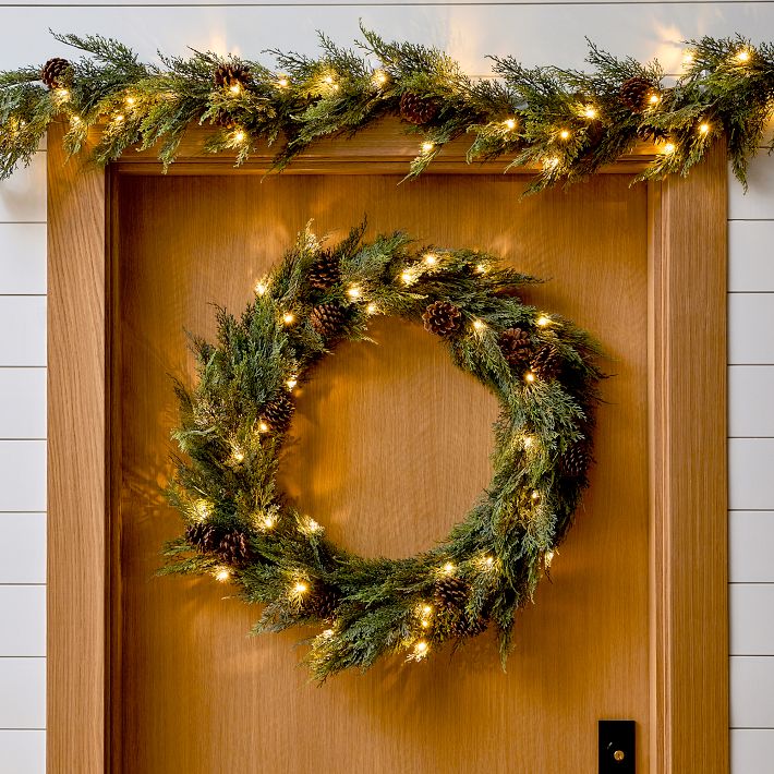 Pre-Lit Faux Cypress Pine Wreath & Garland