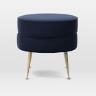 Pietro Mid-Century Ottoman, Small Round, Poly, Distressed Velvet, Ink Blue, Brass