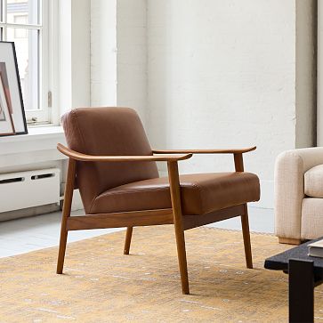 Set of 2 Mid Century Show Wood Leather Chair Poly Saddle Leather Brown Nut Natural Oak West Elm